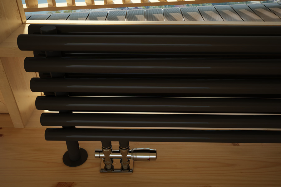 Designheizkörper Bodenheizkörper arrangiert Tune HSD in Farbe heban mit Thermostatventil