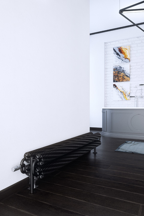 Design- Bodenheizkörper Ribbon HSD Heban frontal mit Thermostatventil dunkelr Boden und helle Wand