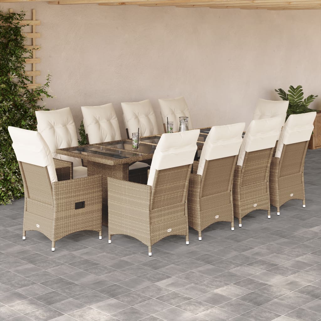 vidaXL 11-tlg. Garten-Bistro-Set mit Kissen Beige Poly Rattan