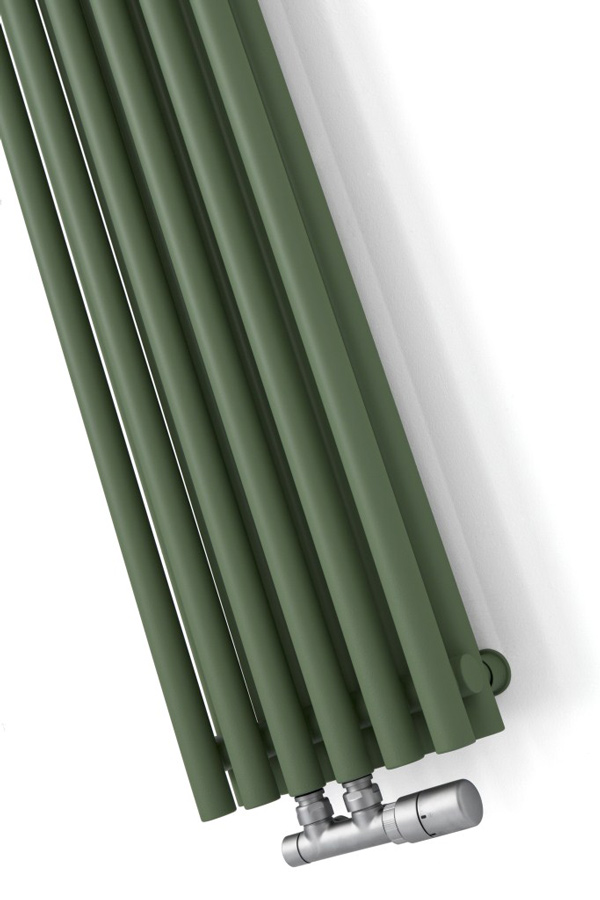 Designheizkörper Tune VWD Farbe grün mit Thermostatventil und Thermostatkopf