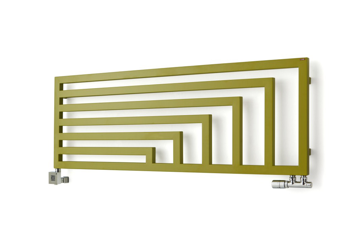 horizontaler Design-Heizkörper Angus H, frontal, Farbe Green Apple, mit Thermostatventil