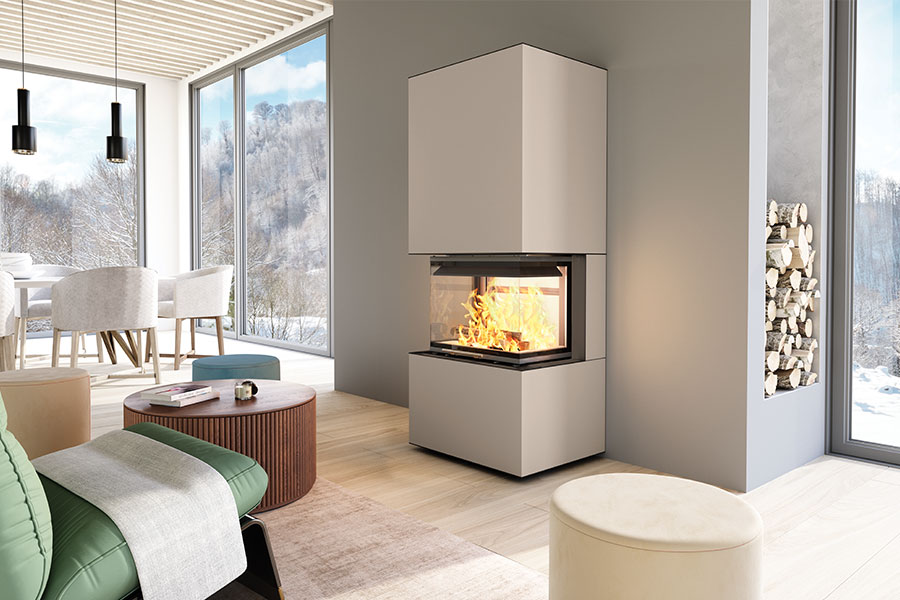 Kaminbausatz mit Feuer, drei Seiten Glas im Wohnzimmer, Beige