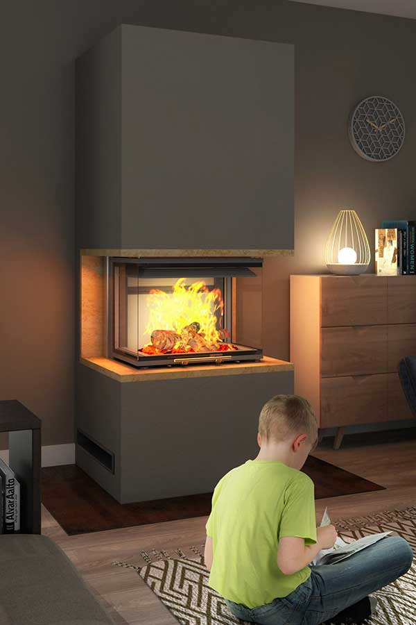Kaminbausatz HI-Pure Med 6,5 kW, Feuer davor ein Kind
