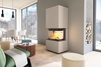 Kaminbausatz mit Feuer, Kaminbausatz mit Feuer, drei Seiten Glas im Wohnzimmer, Beige