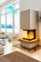 Kaminbausatz DesayoRoyal Kaminbausatz DesayoRoyal 7,5KW, Feuer brennt, vor Fenster mit Aussicht