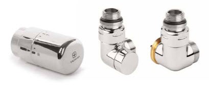 Set Winkeleck-Thermostatventil CYLINDER GZ 1/2"-Durchm. 16x2, Durchm. 15 Links-Chrom