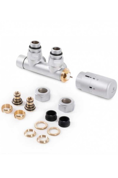 Set Thermostat-Eckventil 50 mm CYLINDER GZ 1/2"-Durchm. 16x2, Durchm. 15 Links-Silber