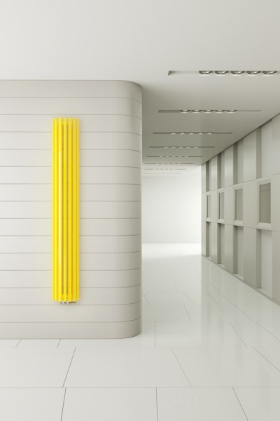 Designheizkörper Triga AN in Gelb auf weißer Wand