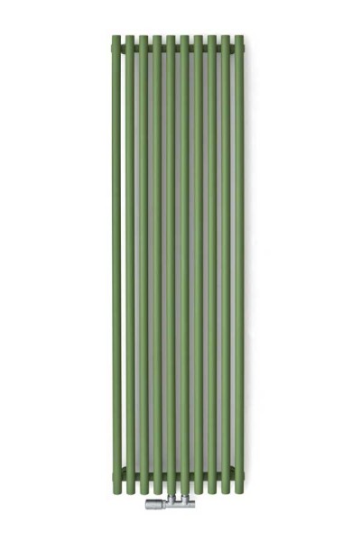 Designheizkörper Tune VWS in grün an der wand montiert mit Ventil in Chrom