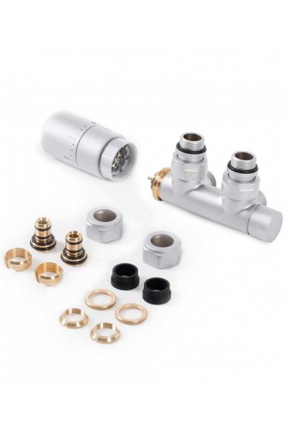 Set Thermostat-Eckventil 50 mm CYLINDER GZ 1/2"-Durchm. 16x2, Durchm. 15 Rechts-Silber