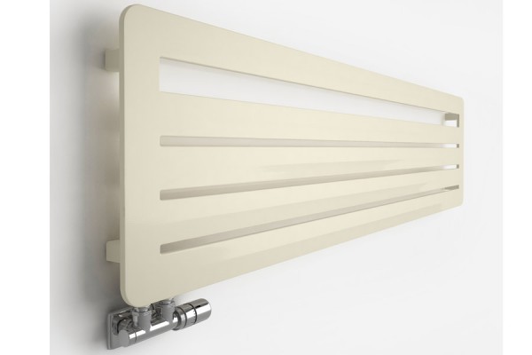 horizontaler horizontaler Designheizkörper Aero HG, Farbe Morning Beige, frontal, mit Thermostatventil